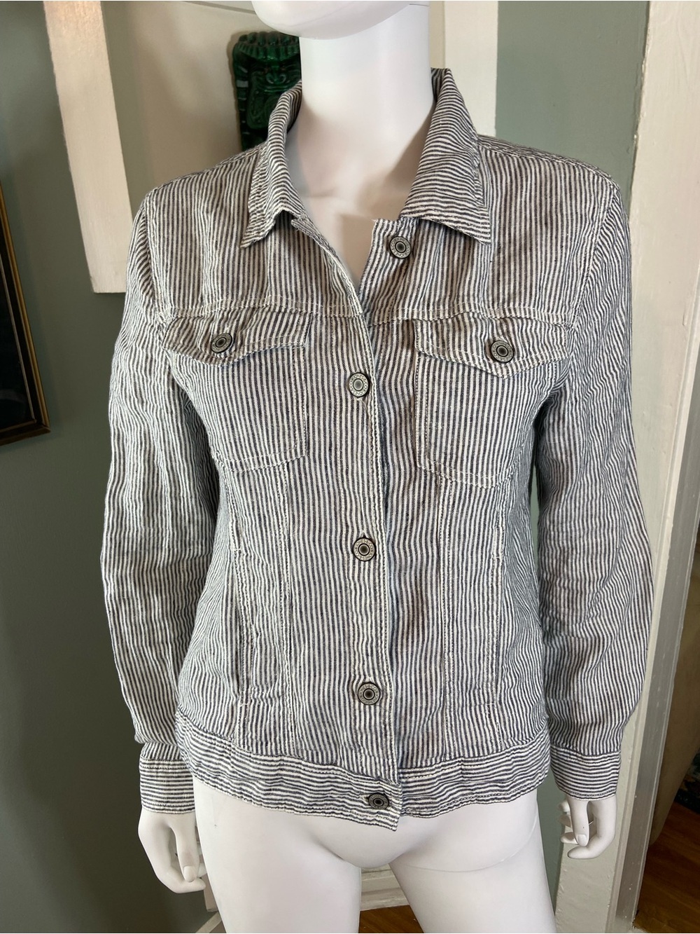 Jones & Co New York Hickory Railroad Striped Linen Jean Jacket Shacket Medium M